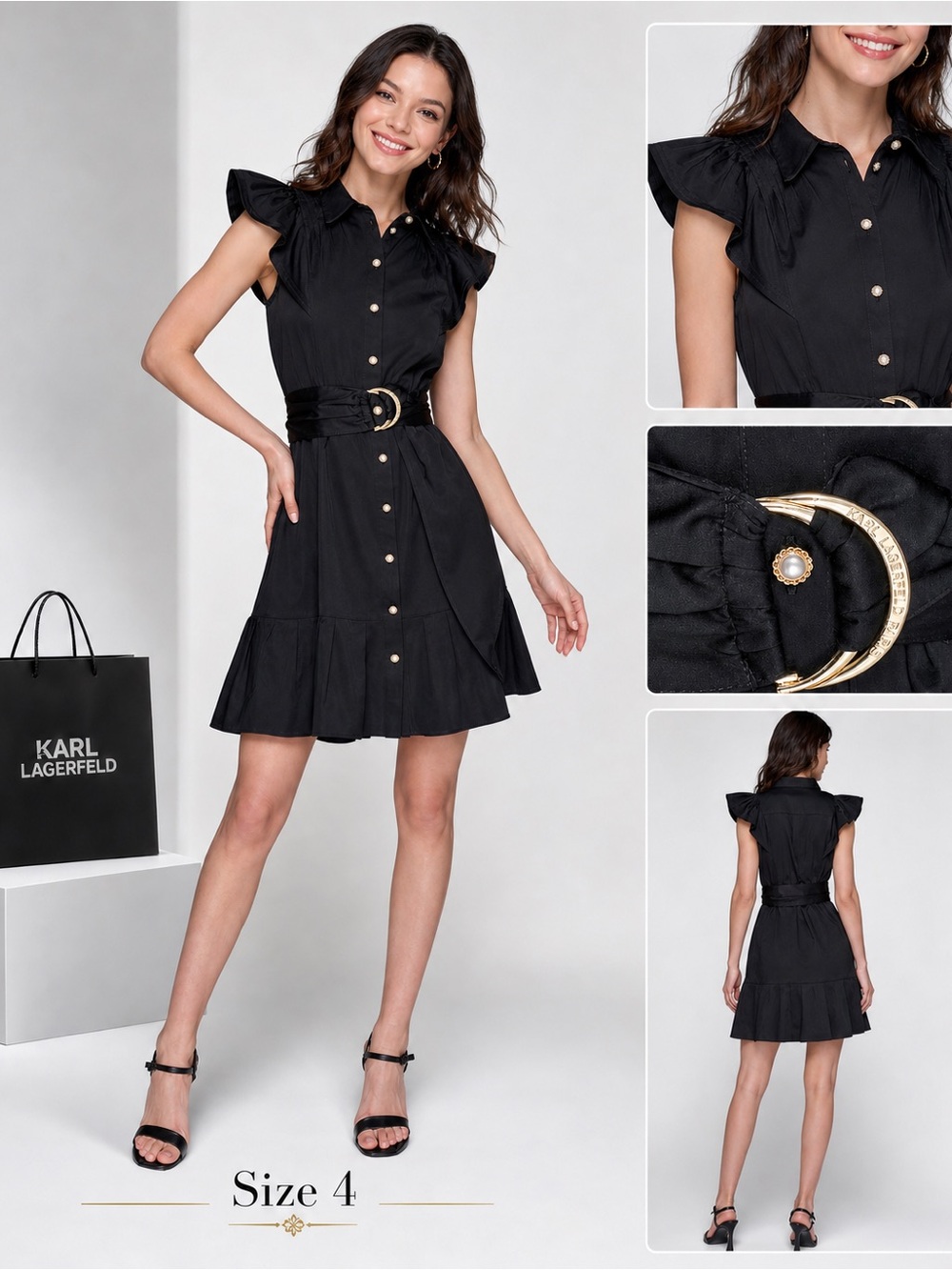 Karl Lagerfeld Black Button-Front Ruffle-Sleeve Mini Dress with Gold Buckle